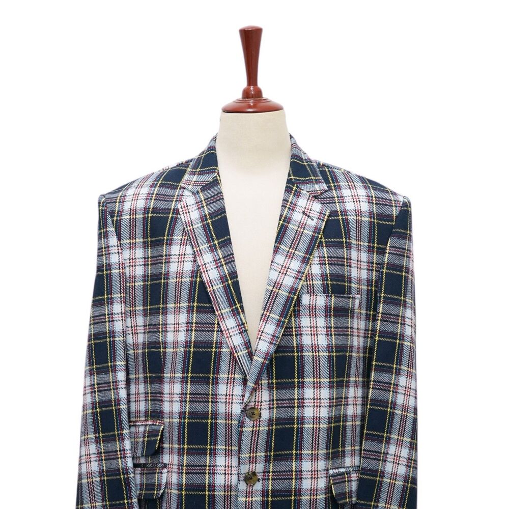 Mens 48R Tartan Plaid Blazer Sport Coat Navy White Red Cotton Formal Preppy - Picture 4 of 9